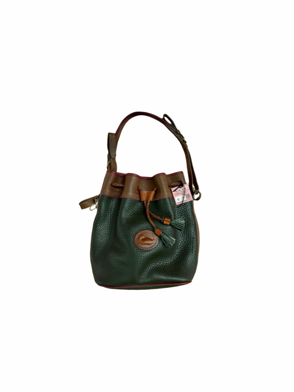 Dooney & Bourke Green Pebbled Leather Bucket Bag with Brown Trim
